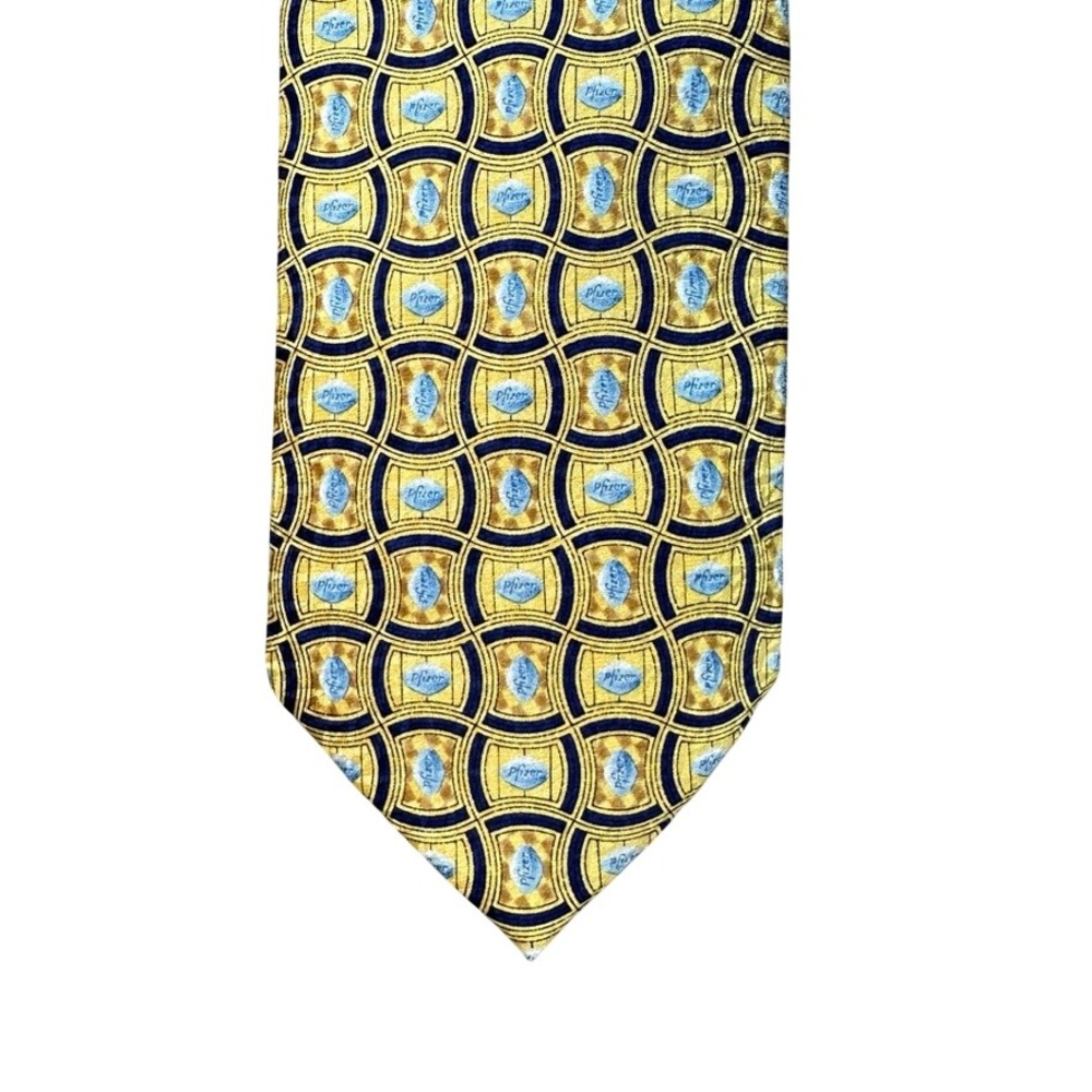 Pfizer Corporate Logo Silk Necktie Gold Navy Blue Geometric Pharmaceutical Tie